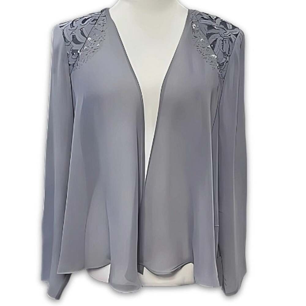 SLNY Blue Gray Sequin Shoulder Open Front Waist Jacket Sheer Formal Night Out 10